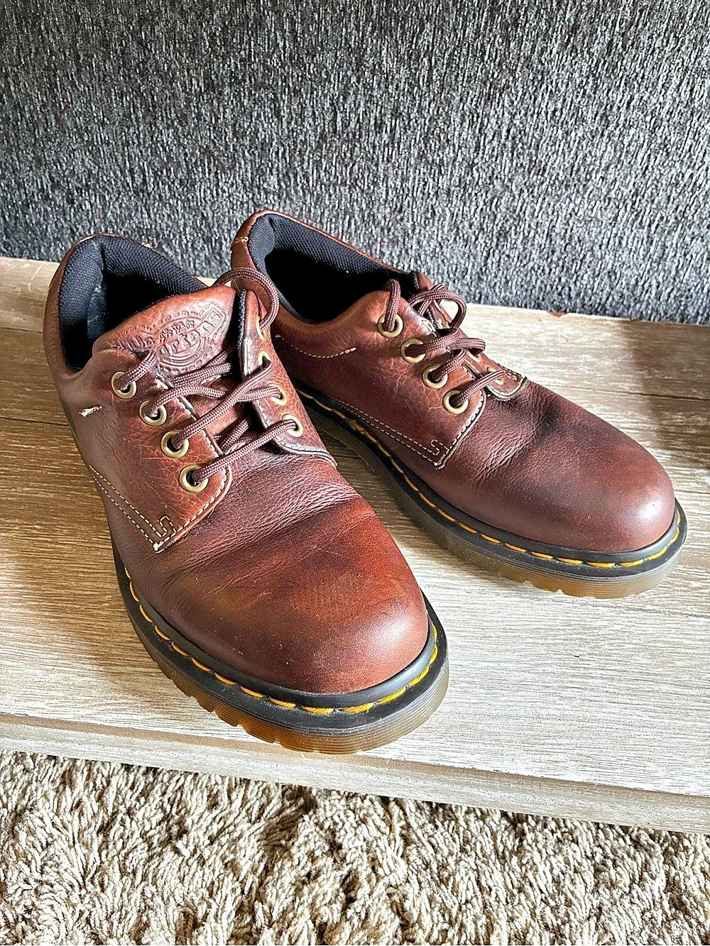 Dr. Martens Boston Brown Leather Lace Up Oxford Shoes With Yellow Welt Stitching